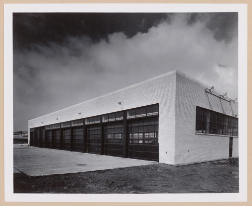 View of the principal façade of a garage of the Buffalo Airport Assembly Plant, Curtiss-Wright Corporation Airplane division, Buffalo, New York