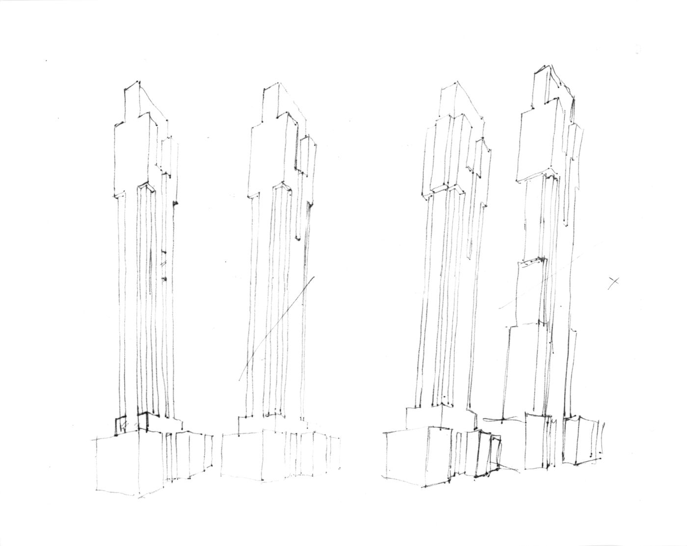 Early perspective study of point tower with central linear motif