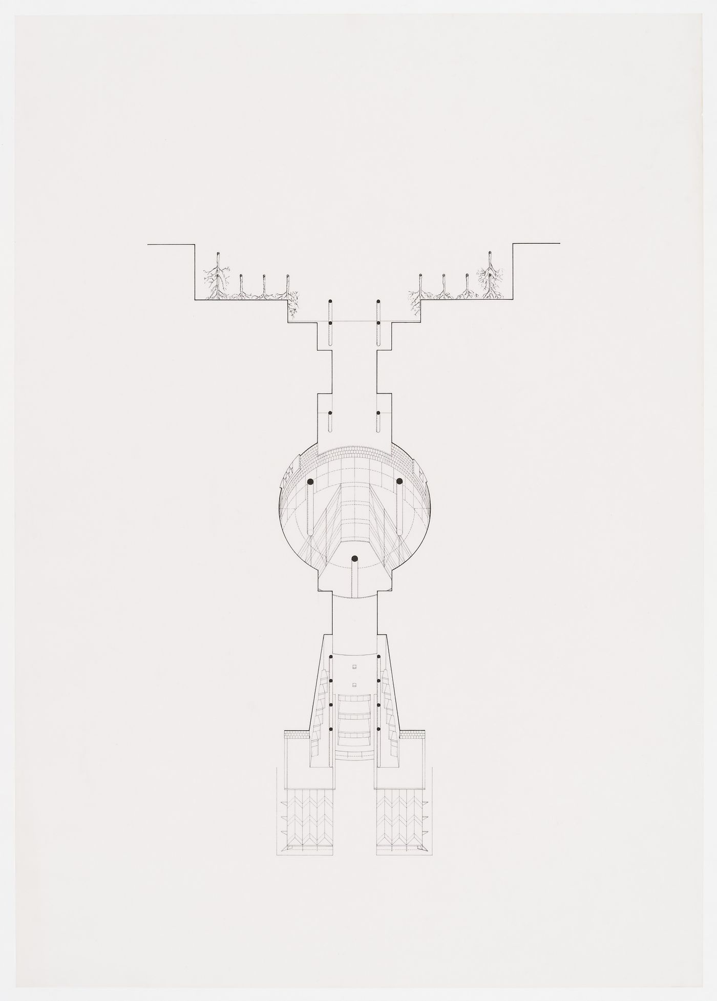 Science Library, University of California at Irvine, California: worm's eye axonometric of public walkway
