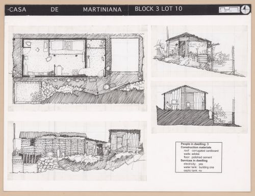 Presentation panel with floor plan, section, and elevations of Casa de Martiniana for the Urban Upgrading project La Esperanza, in Zihuatanejo, Mexico