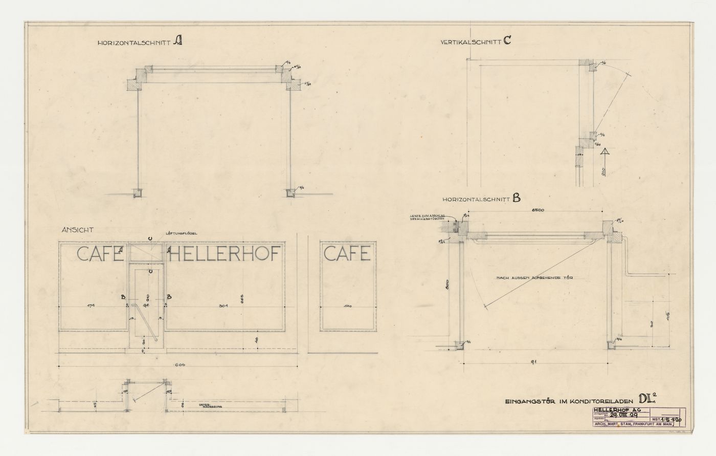 Elevation and sections for an entrance to a type DL2 café, Hellerhof Housing Estate, Frankfurt am Main, Germany