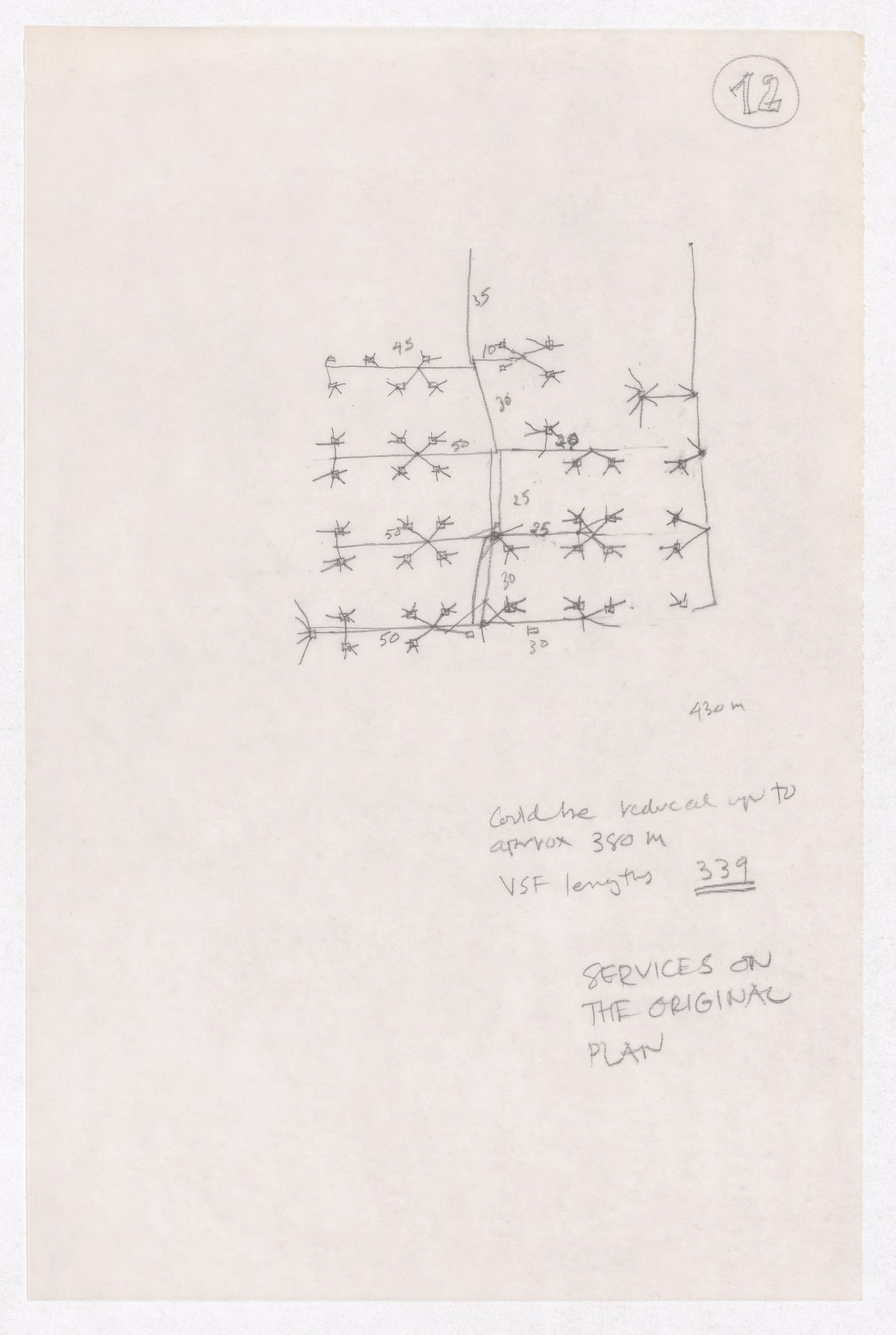 Sketch possibly showing plots services for Minimum Cost Housing Group's plot in Aranya township, India, for Aranya Housing Project