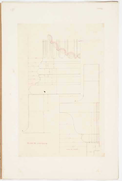 Elevation of a base and lower part of a fluted shaft from the Arch of Constantine, Rome, with a profile of a pedestal cornice