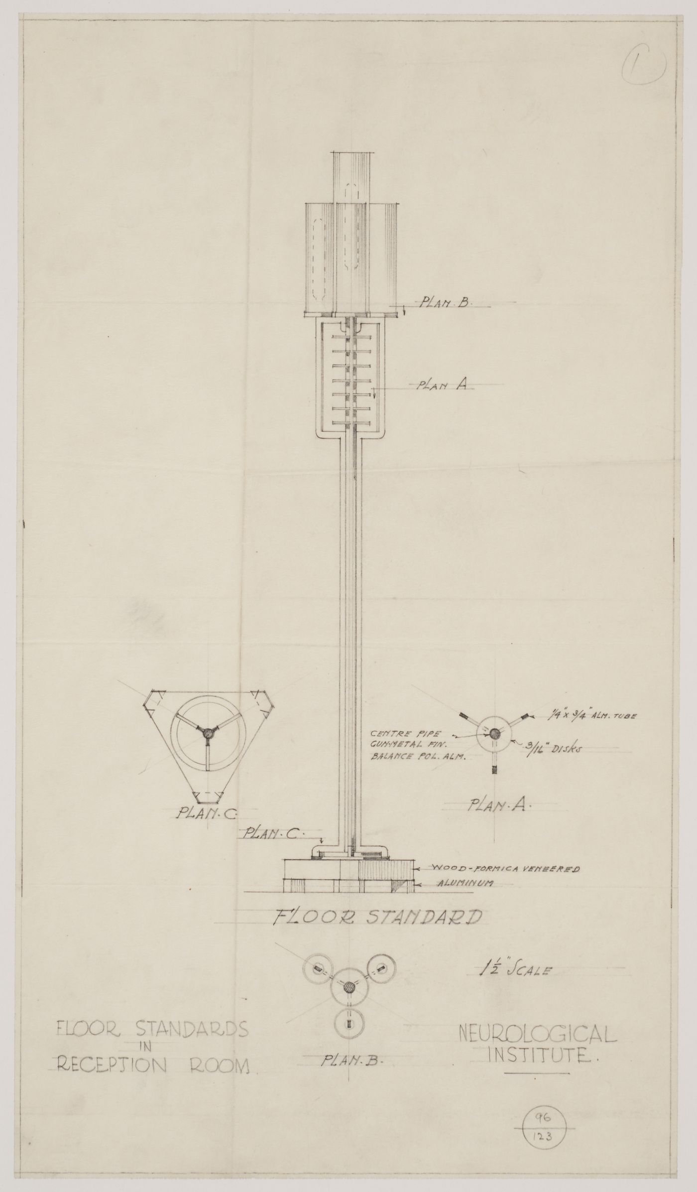 Montréal Neurological Institute, Montréal, Québec: drawing for floor lamp for reception room