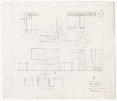 Plan, élévations, coupes et détails des tables "H" et "T" pour Cour suprême du Canada, Ottawa, Ontario