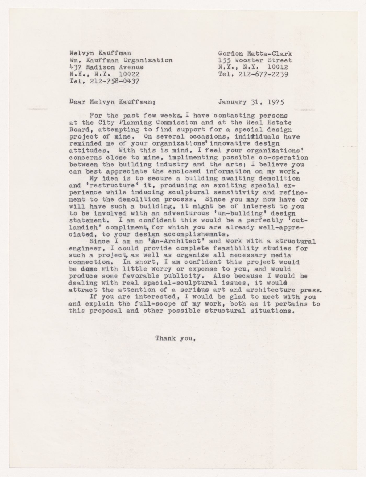 Letter from Gordon Matta-Clark to Melvyn Kauffman