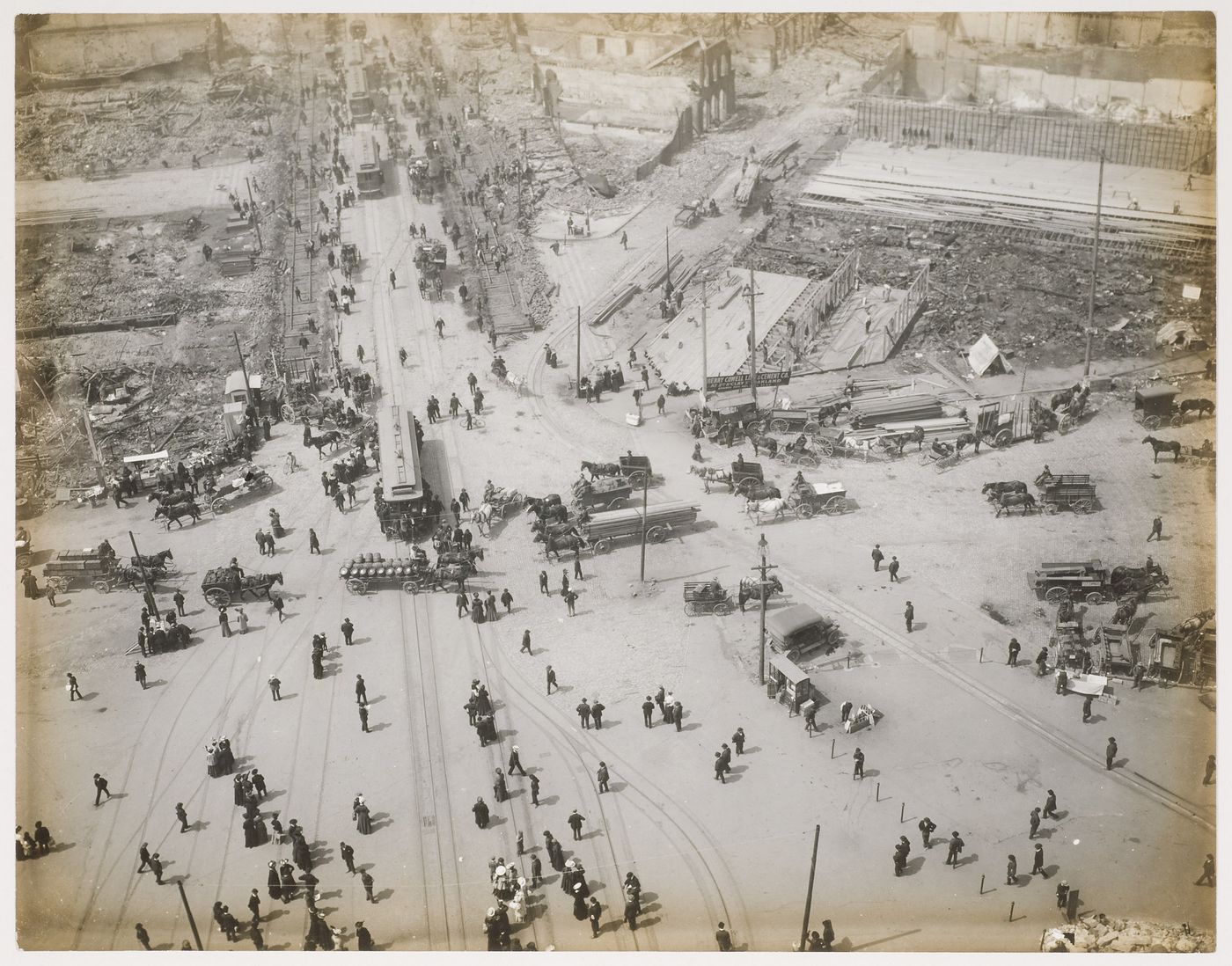 General view of the aftermath of the 1906 earthquake and fire, looking down Market Street from the Ferry Building Tower, San Francisco, California