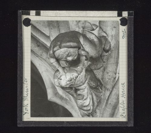 View of sculpture with two figures in Chapter House of York Minster, York, North Yorkshire, England