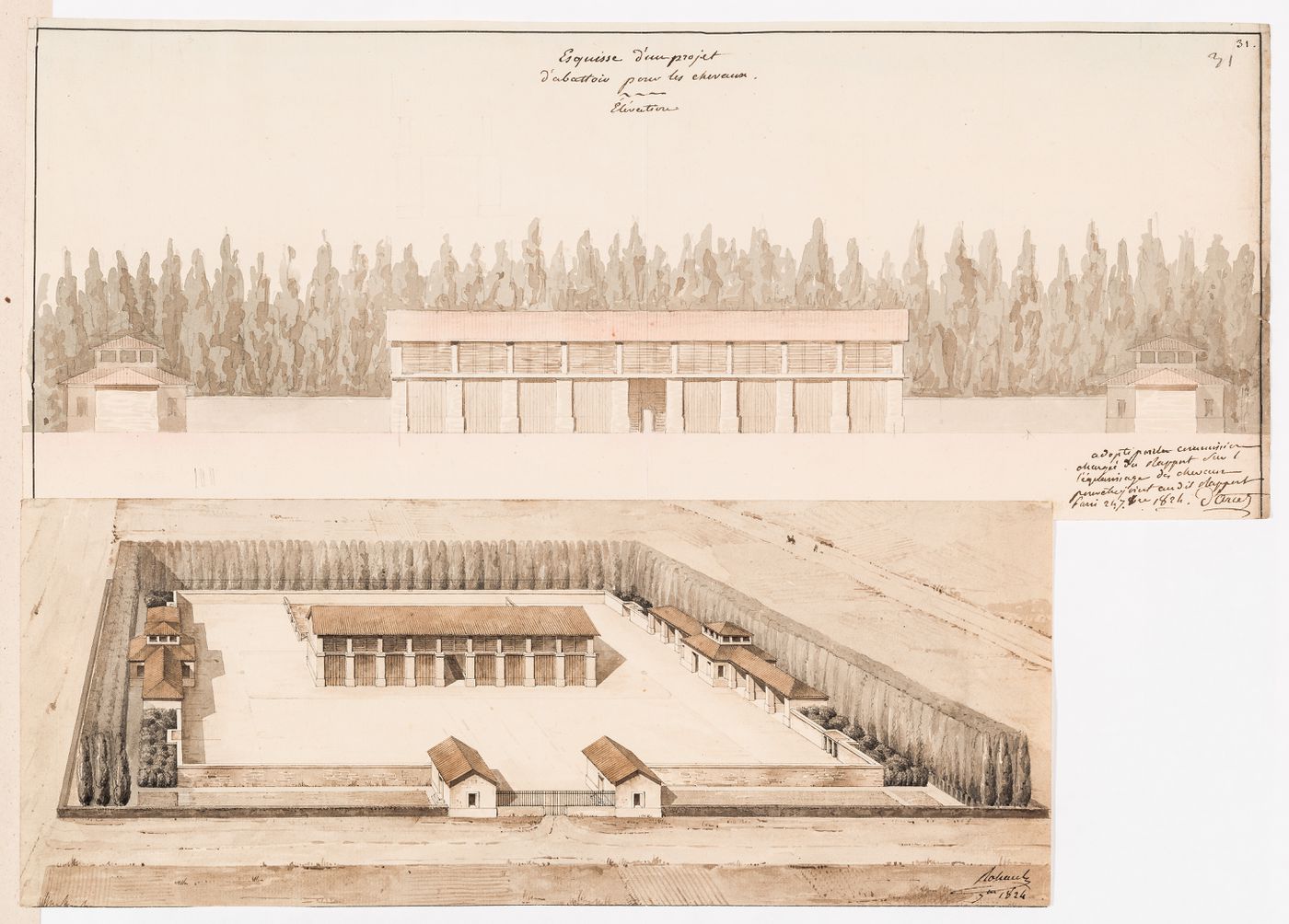 Project for a horse slaughterhouse, Plaine de Grenelle: Elevation for the central building