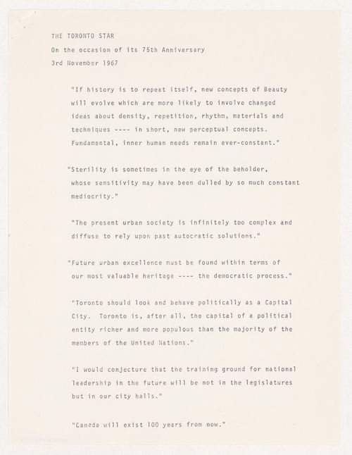 Quotations from Parkin speech given on the occasion of the Toronto Star's 75th anniversary