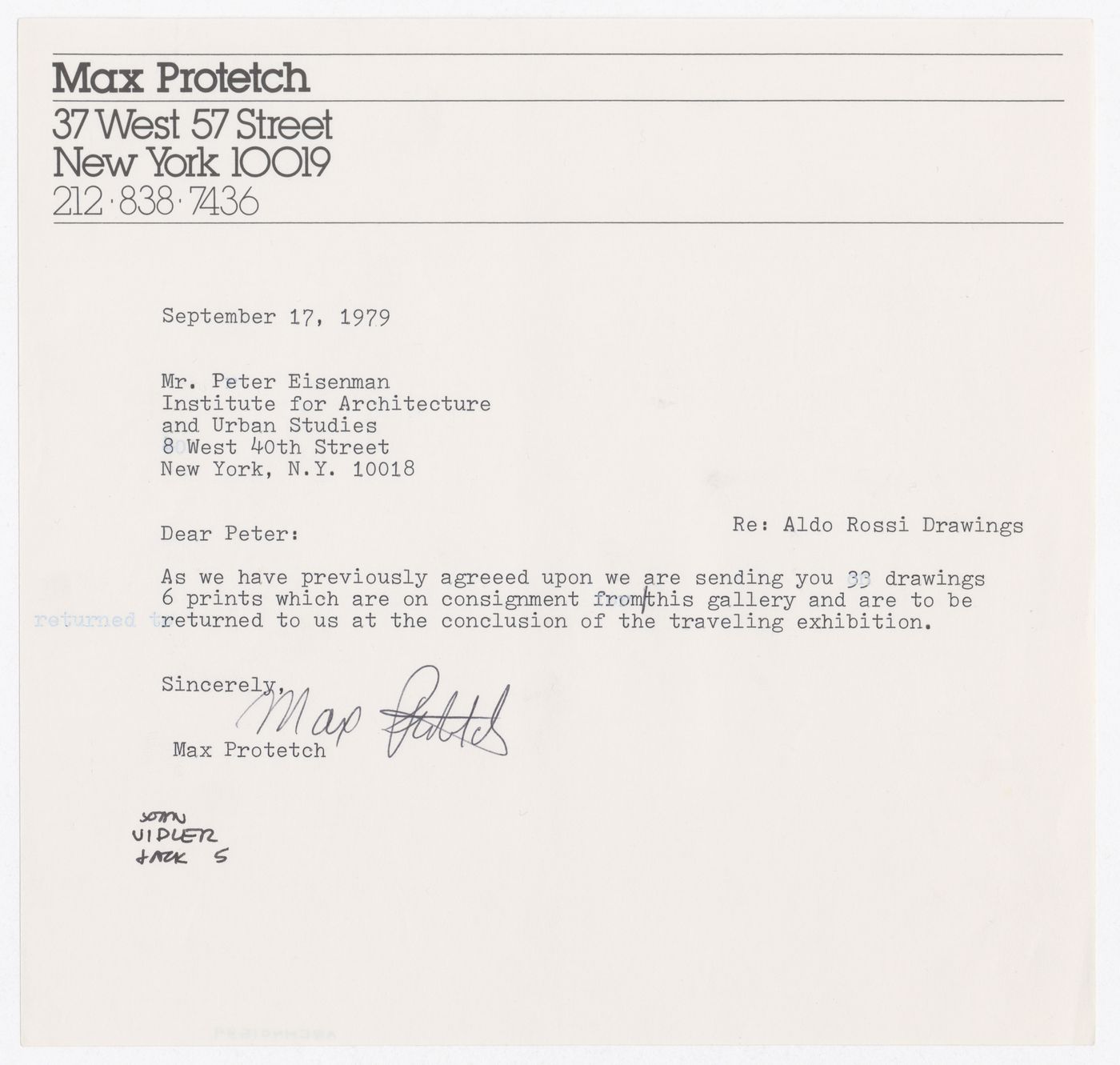Letter from Max Protetch to Peter D. Eisenman about loan of Aldo Rossi drawings