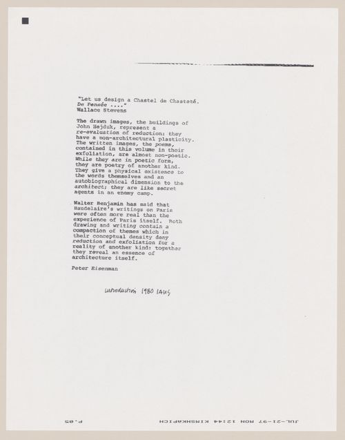 Introduction by Peter Eisenman for IAUS 1980 (from the project file Welcome to The Hotel Architecture)