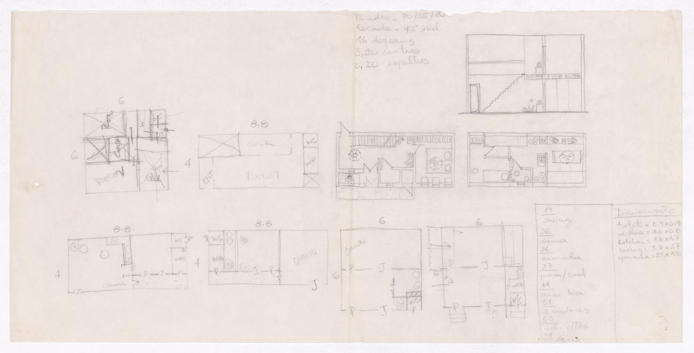 Sketch floor plans and sketch section of house for Minimum Cost Housing Group's plot in Aranya township, India, for Aranya Housing Project