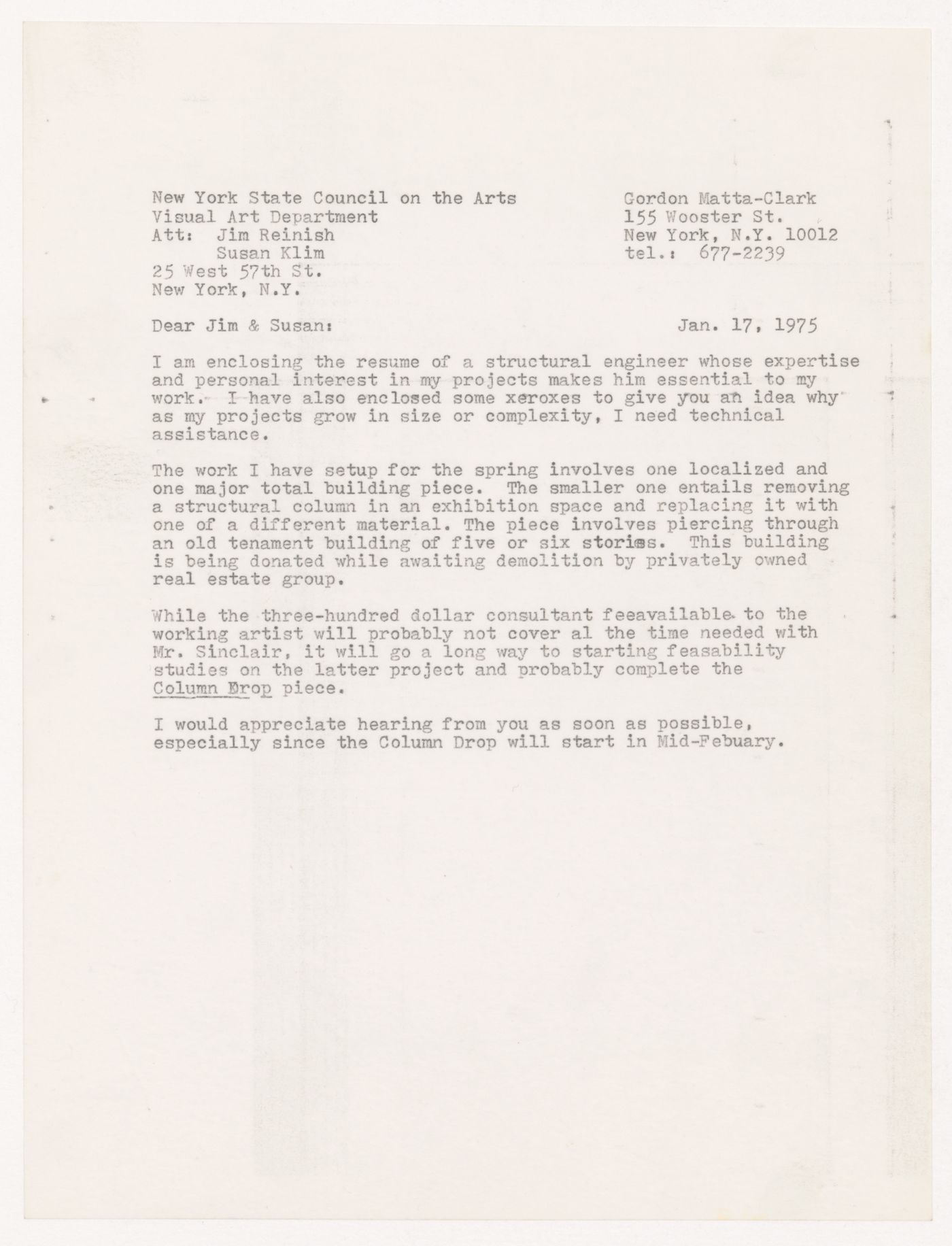 Letter from Gordon Matta-Clark to New York State Council on the Arts, Visual Arts Department, with attention to Jim Reinish and Susan Kilm