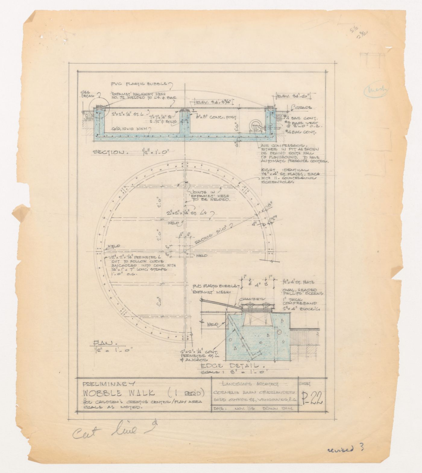 Preliminary section, plan, and detail for wobble walk for Children's Creative Centre Playground, Canadian Federal Pavilion, Expo '67, Montréal, Québec