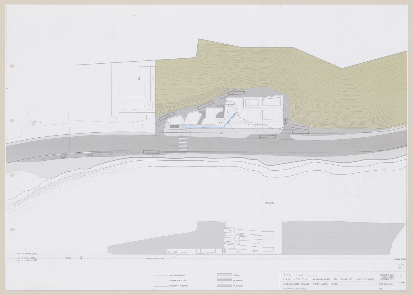 Site plan and elevation for C. Cultural e Audit. para a Fundação Iberê  Camargo [Iberê  Camargo Foundation Museum], Porto Alegre, Brazil