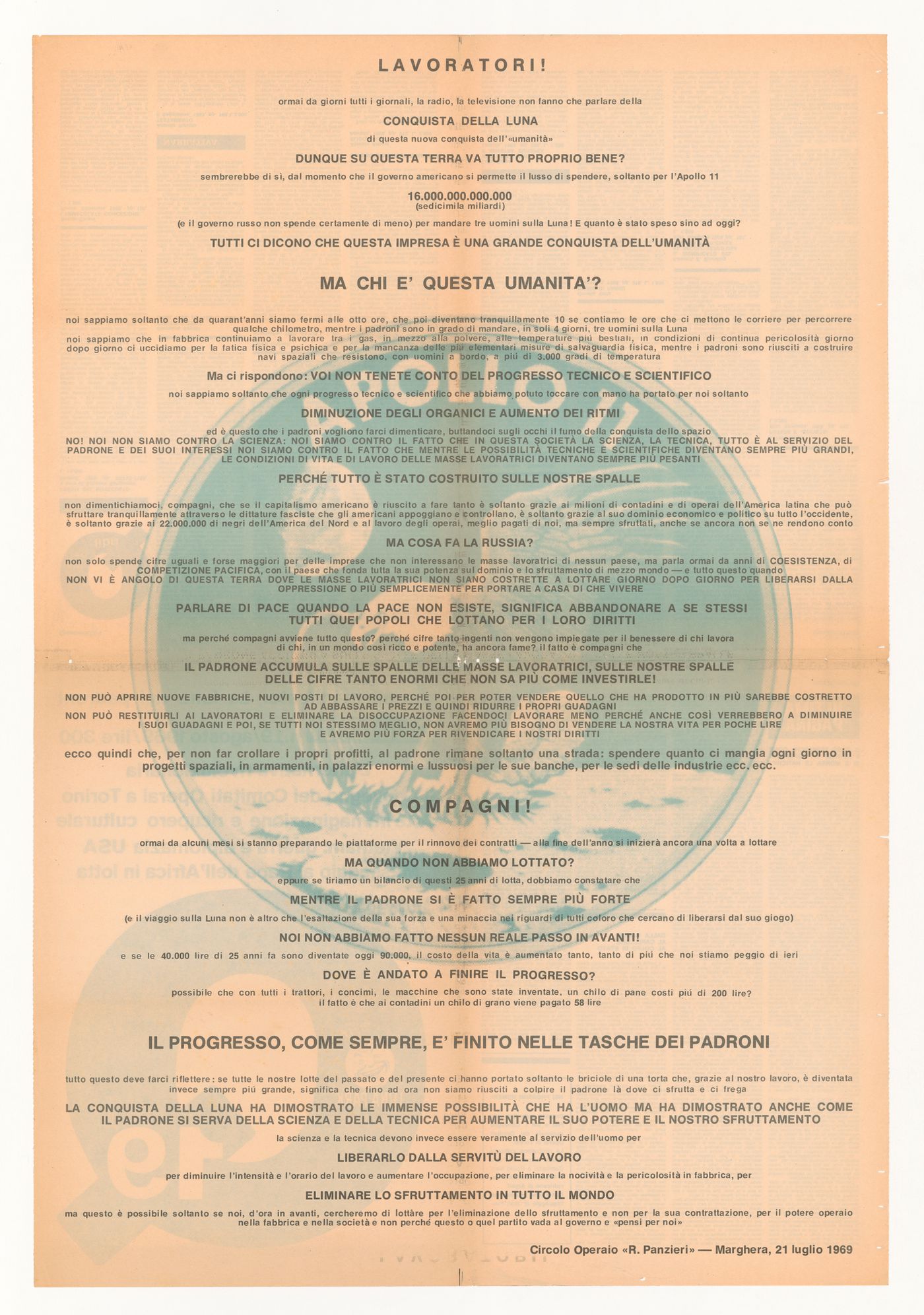 Workers' manifesto poster in response to the moon landing (from the project file Architettura Interplanetaria [Interplanetary Architecture])