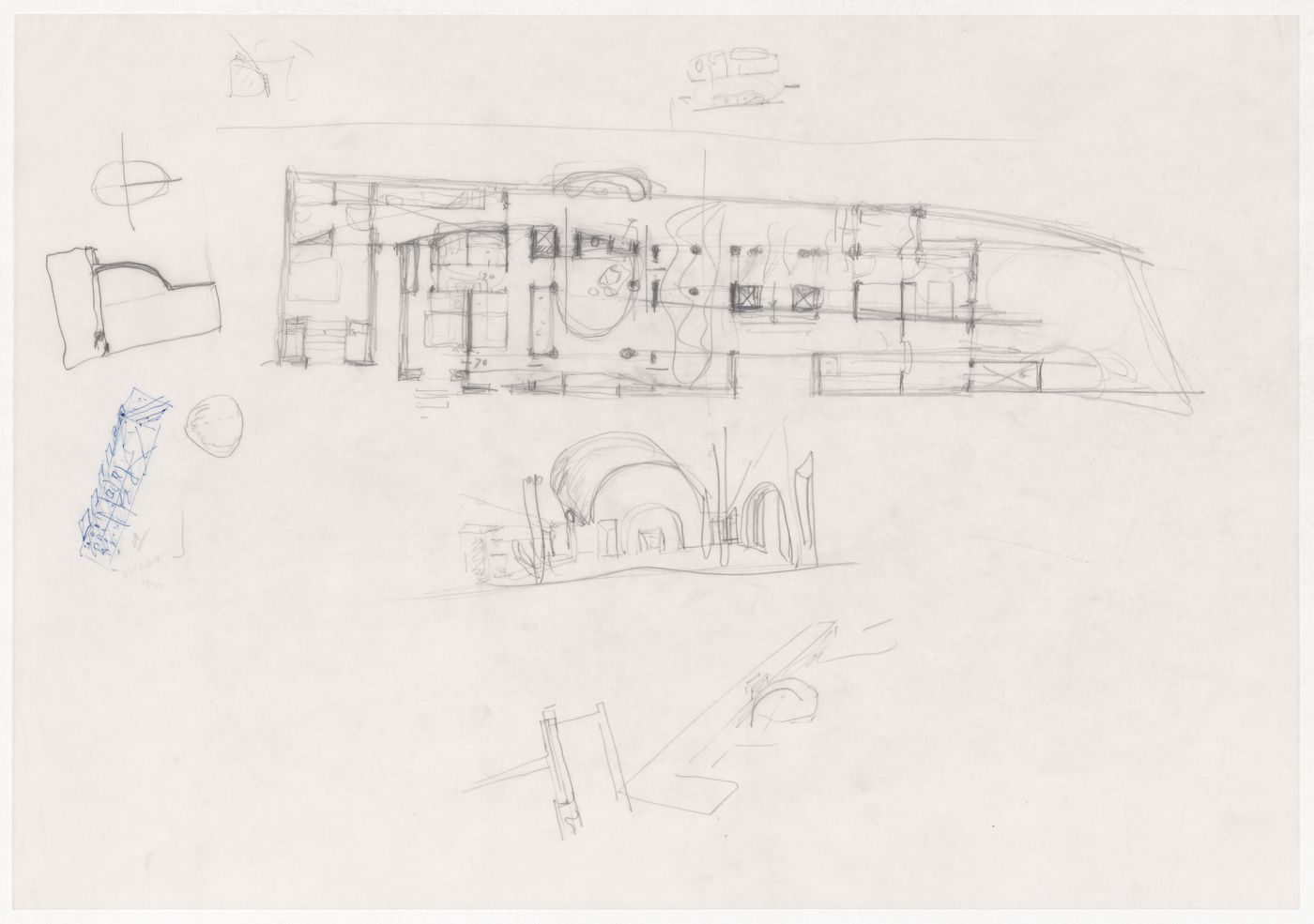 Sketch floor plans and perspectives for Casa Aníbal Guimarães da Costa, Trofa, Portugal
