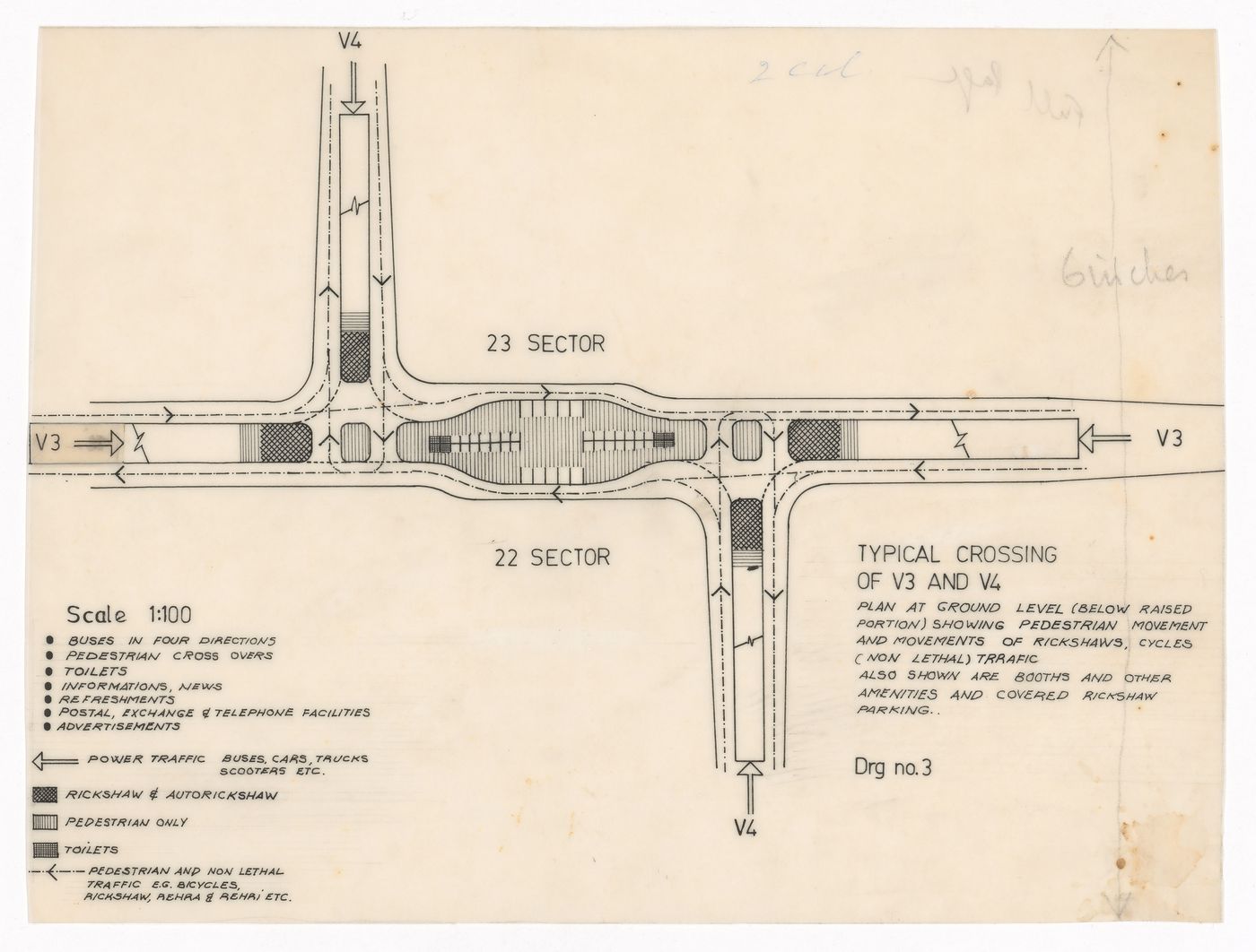 Road plan showing typical crossings of road types V3 and V4 for Linear city, Chandigarh, India
