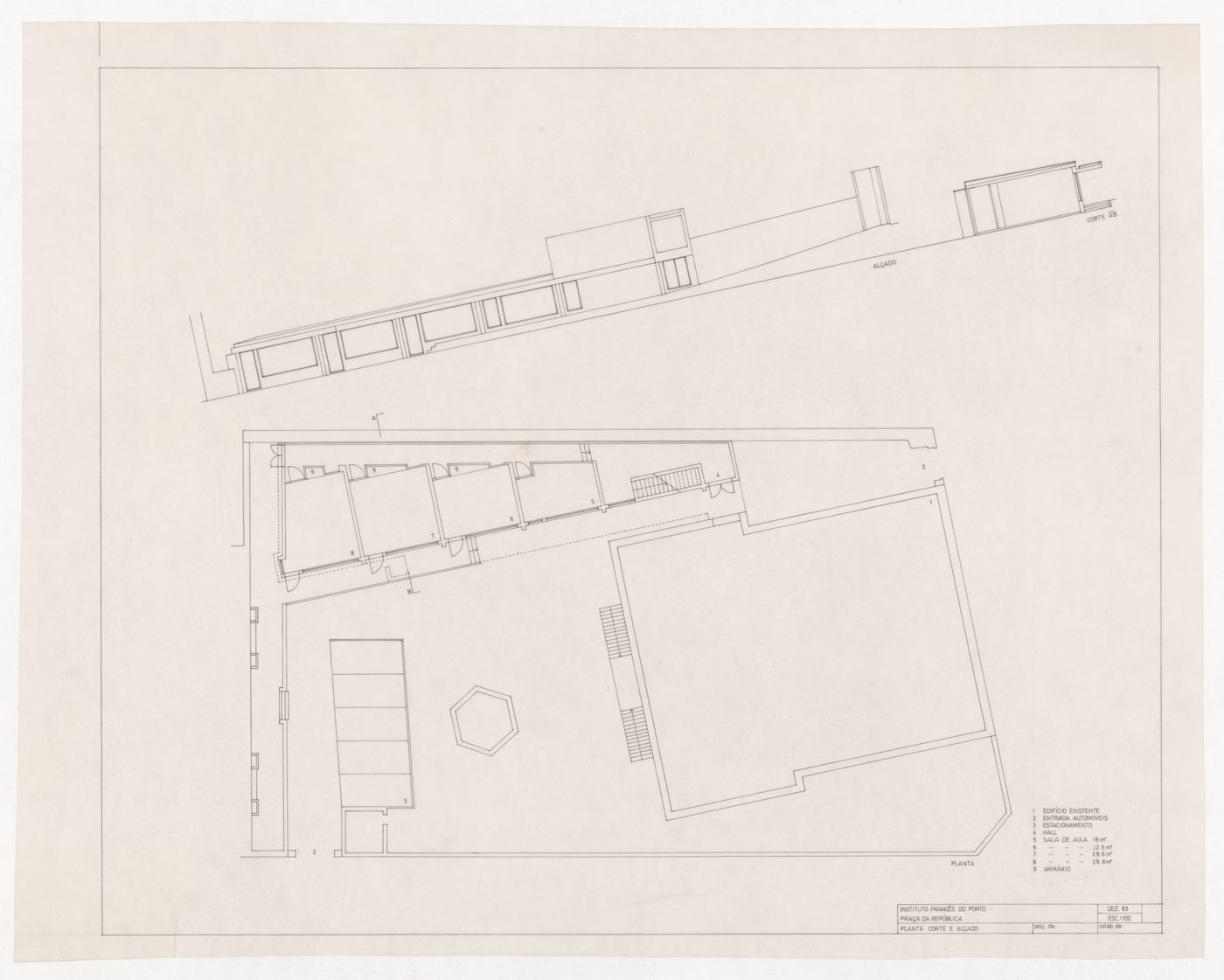 Plan, section and elevation for Ampliação do Institut Français no Porto, Porto, Portugal