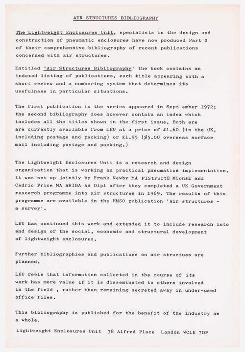 Postcard explaining the origins and activities of the Lightweight Enclosures Unit (LEU)