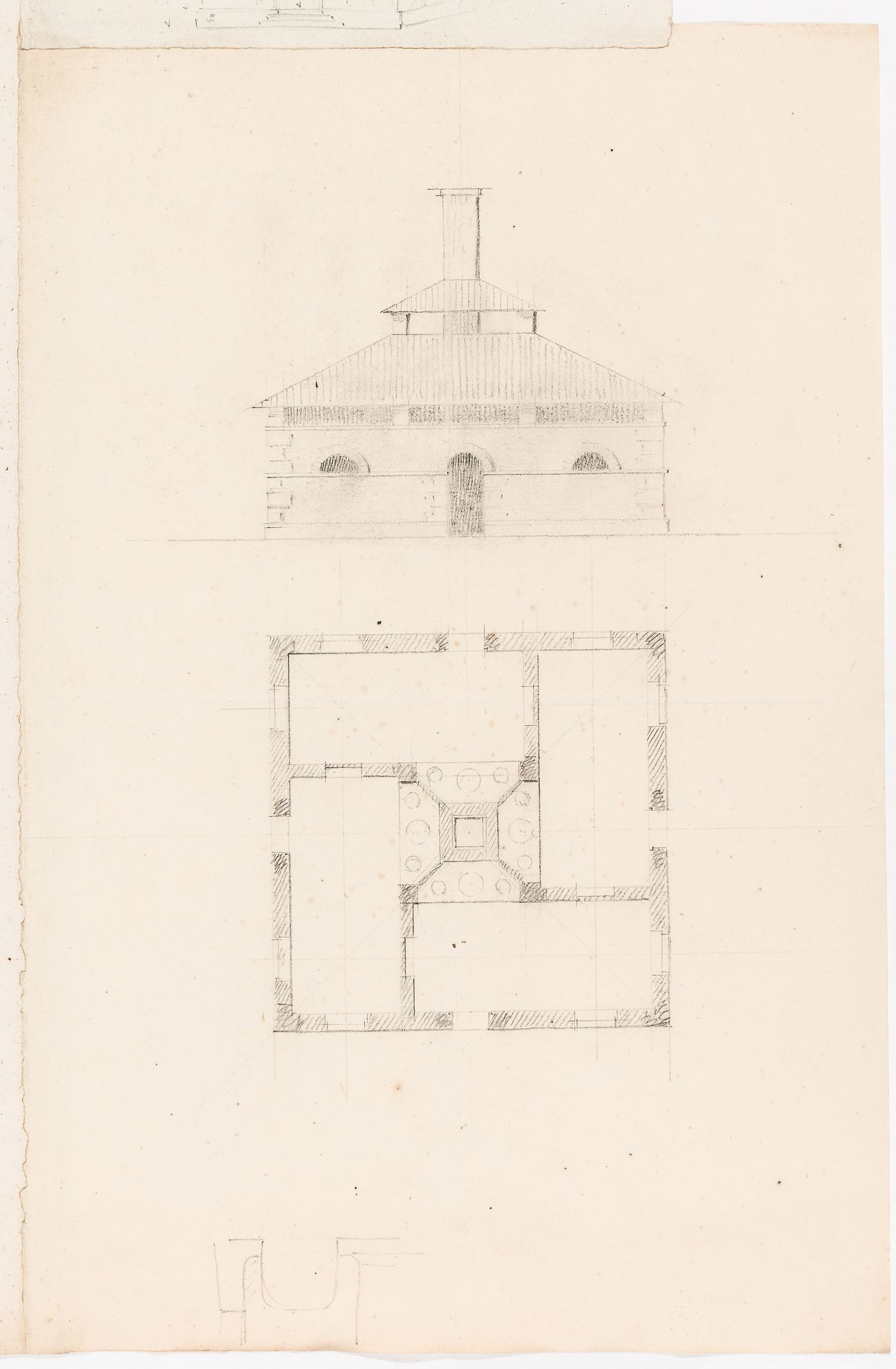 Project for Clos d'équarrissage, fôret de Bondy: Elevation and plan for a "fondoir"