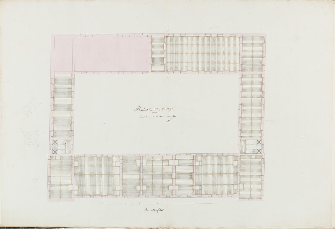 Project for the caserne de la Gendarmerie royale, rue Mouffetard: First and second floor framing plan for the buildings surrounding the first courtyard