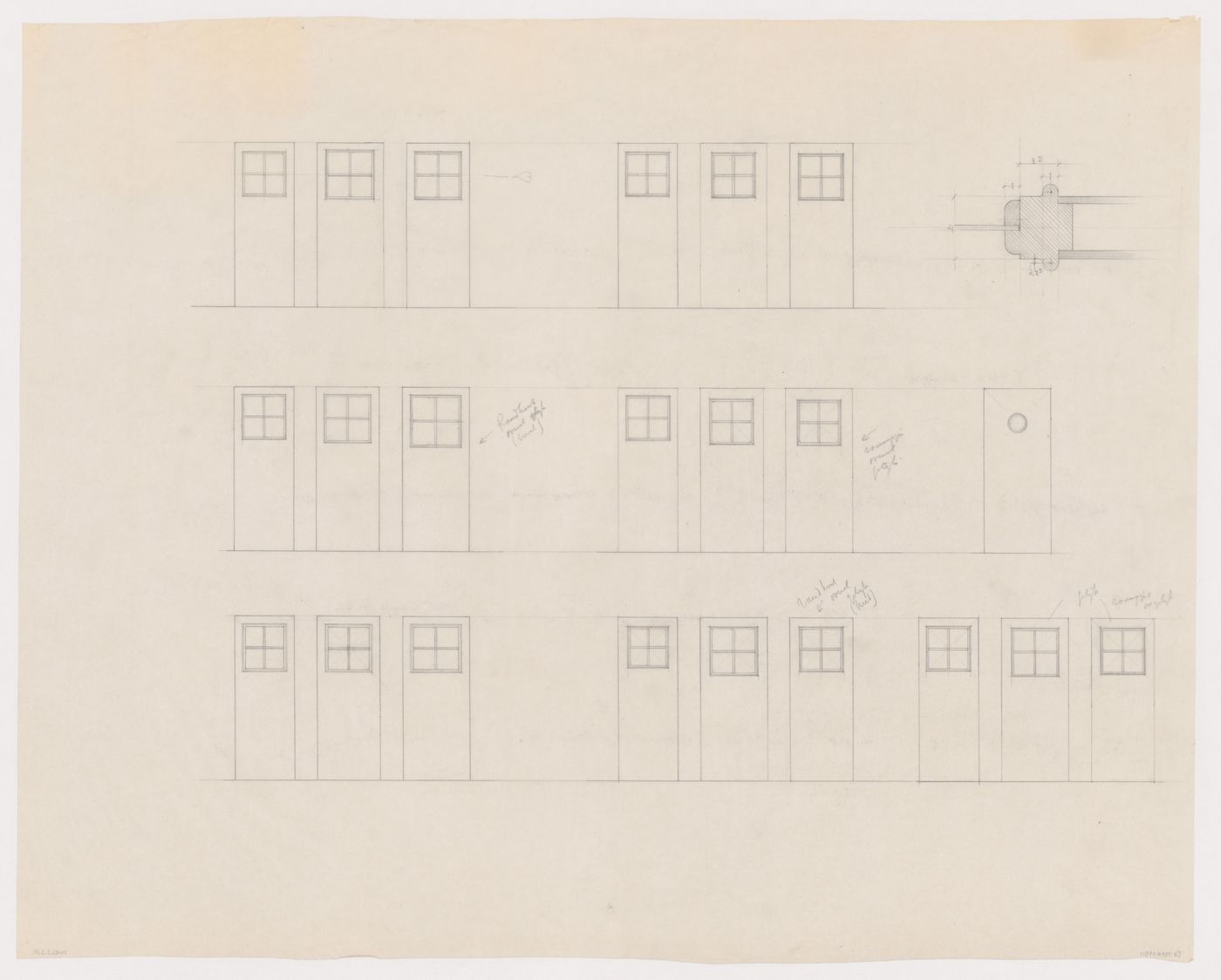 Elevations and sectional detail for doors for Olveh mixed-use development, Rotterdam, Netherlands