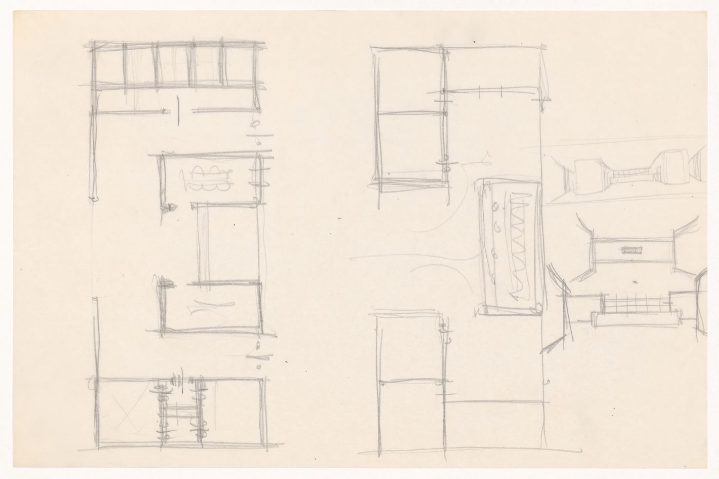 Sketch plans and perspective sketch for a campus building, possibly for the Commons Building for Illinois Institute of Technology