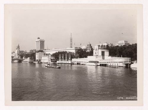 View of buildings, including the USSR's and Germany's pavilions and the Pavillon de l'Hygiène, with the Seine in the foreground, 1937 Exposition internationale, Paris, France