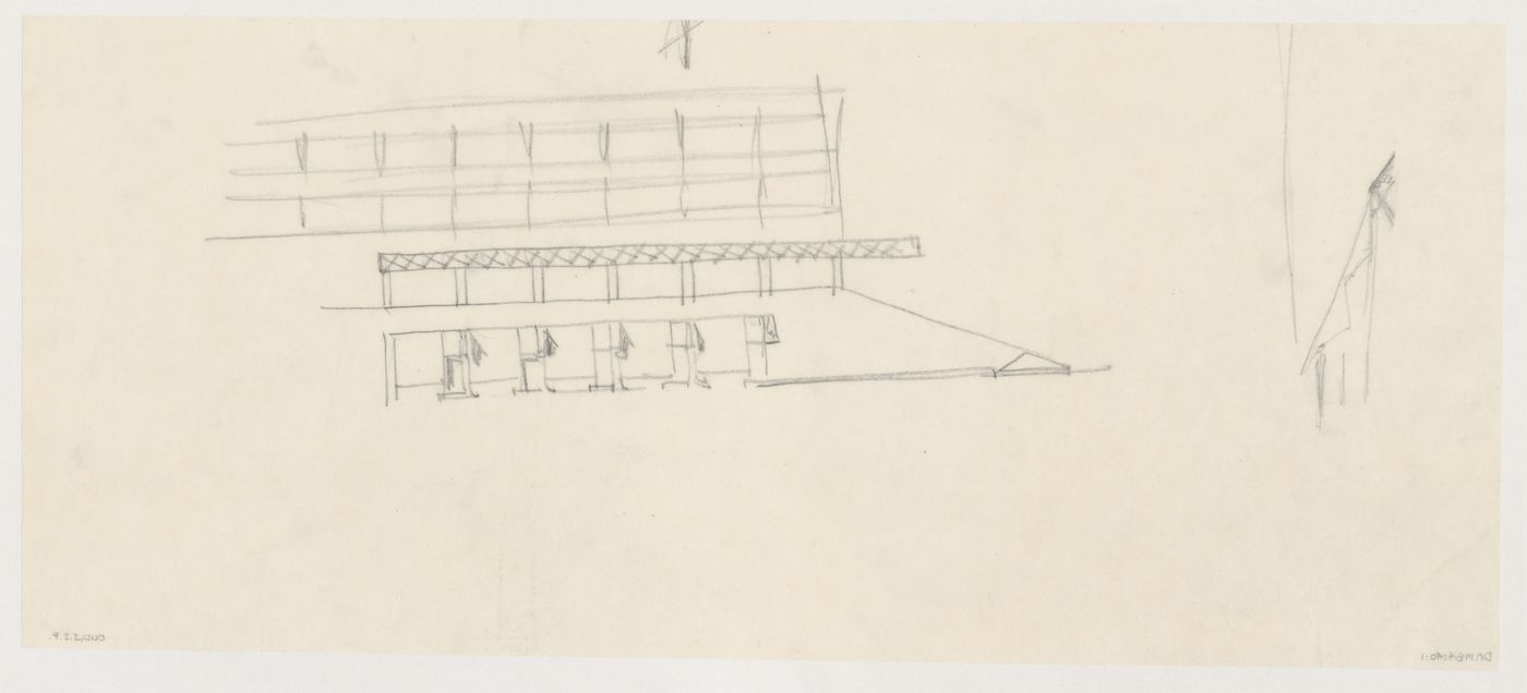 Sketch elevation and partial sketch elevation showing stairs for the New Stock Exchange Building, Rotterdam, Netherlands
