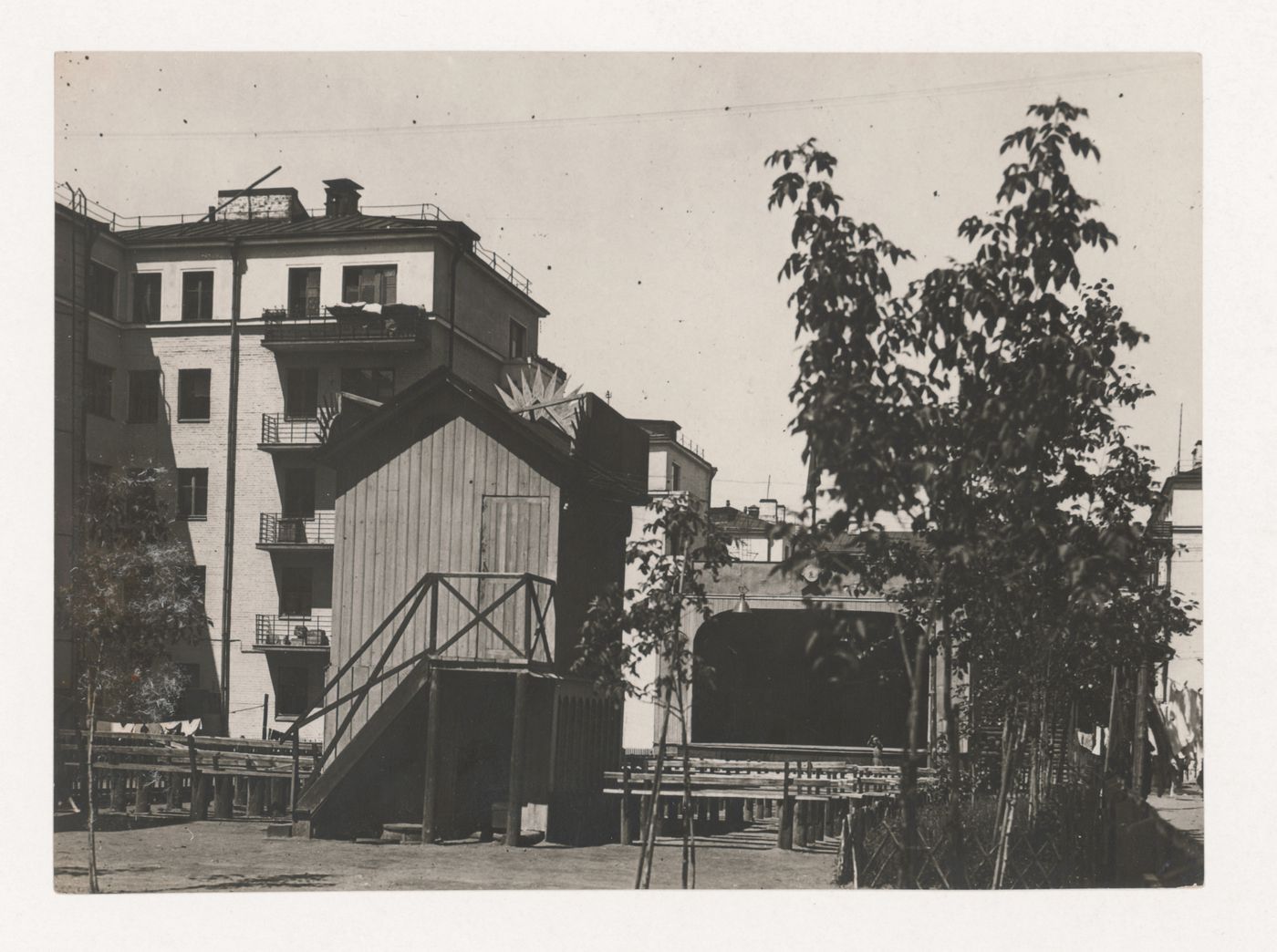 Exterior view of an open-air theater and housing in the Dubrovka complex, Moscow