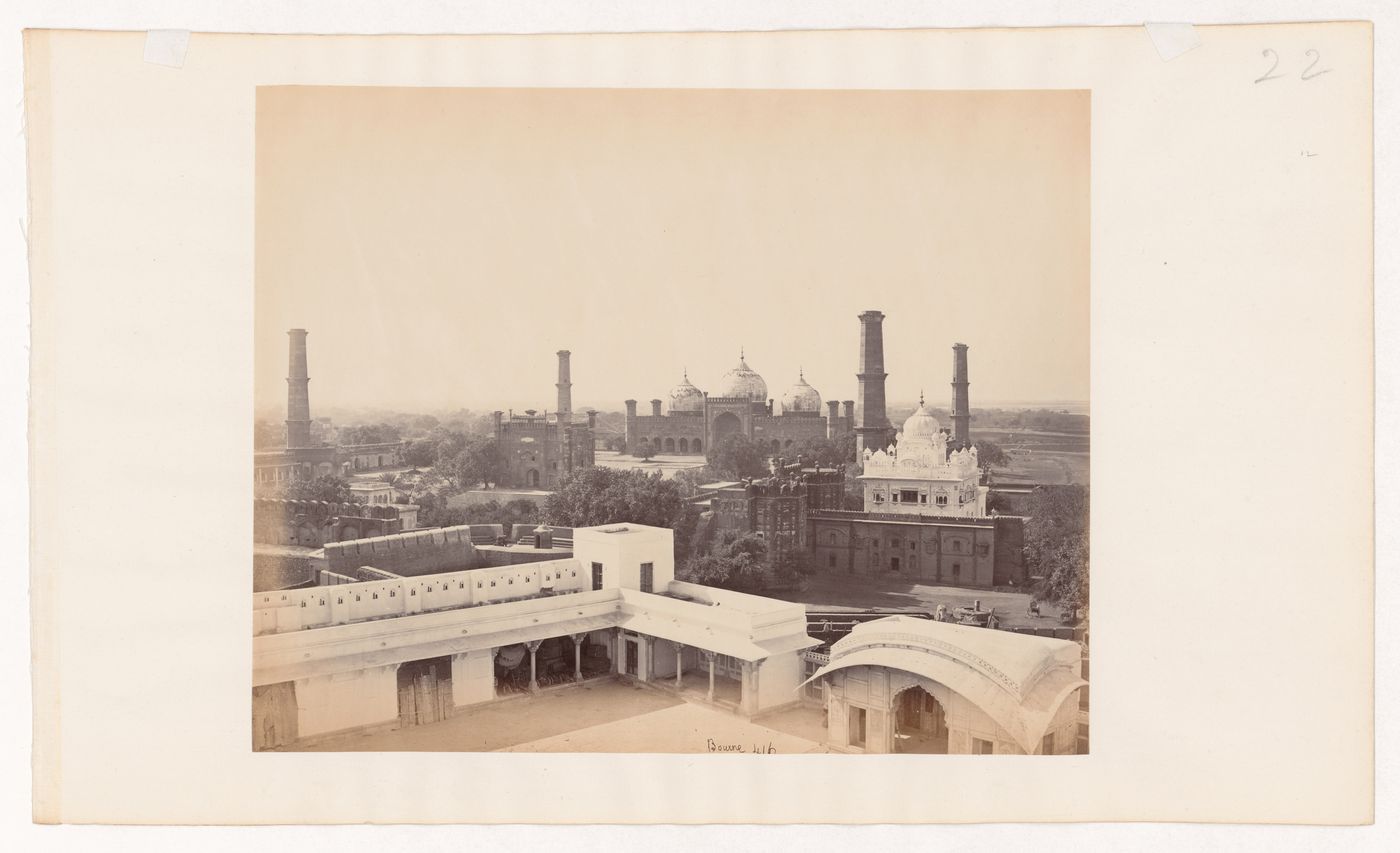 View of palace buildings with Badshahi Masjid in the background, Lahore Fort, Lahore, India (now in Pakistan)