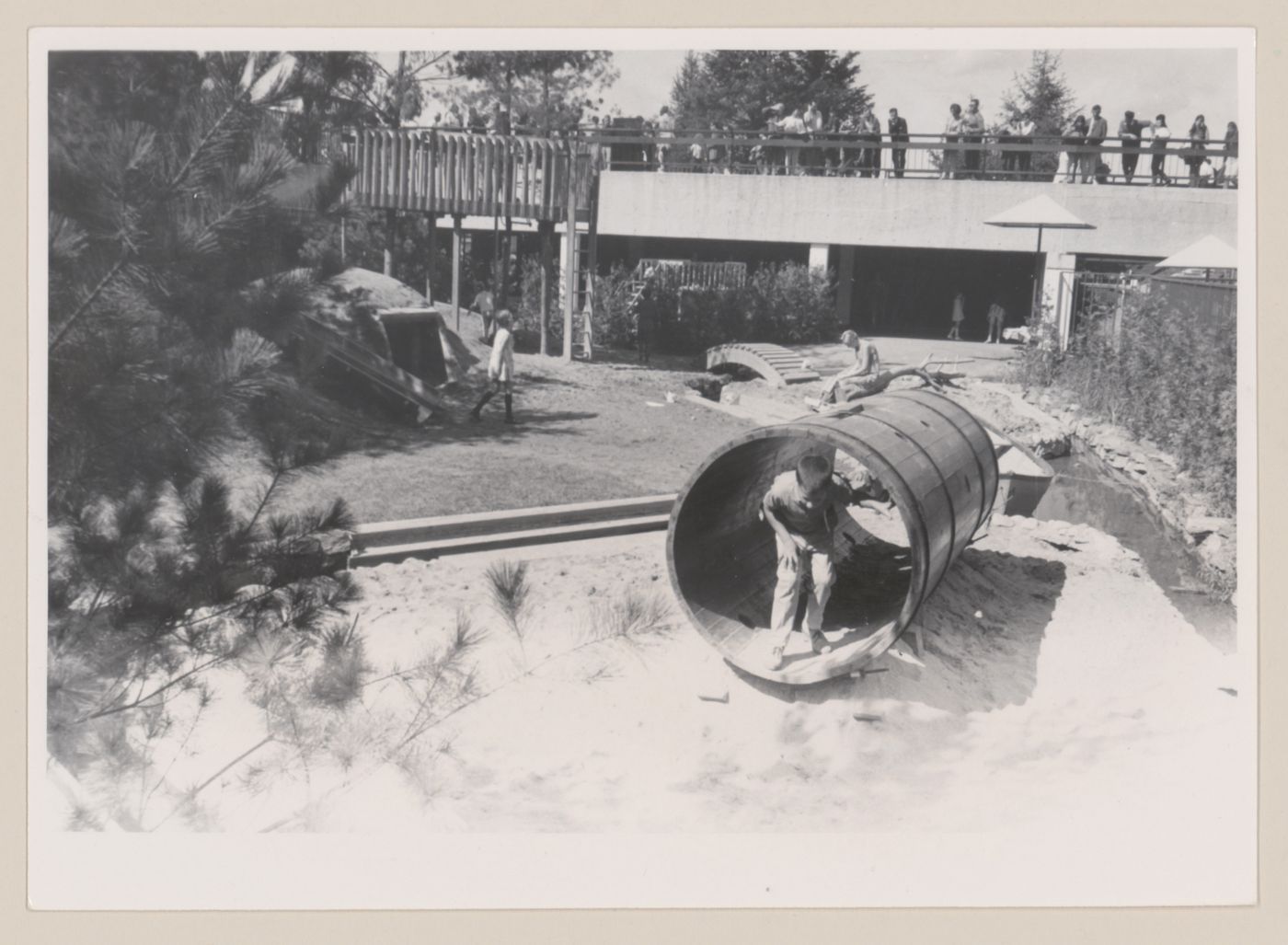 View of main mound and upper sand area of Children's Creative Centre Playground, Canadian Federal Pavilion, Expo '67, Montréal, Québec