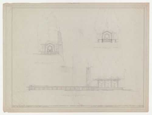 Wayfarers' Chapel, Palos Verdes, California: West and north elevations for chapel, vestry, campanile, cloister, and parish house, and cross section through the chapel looking towards the altar