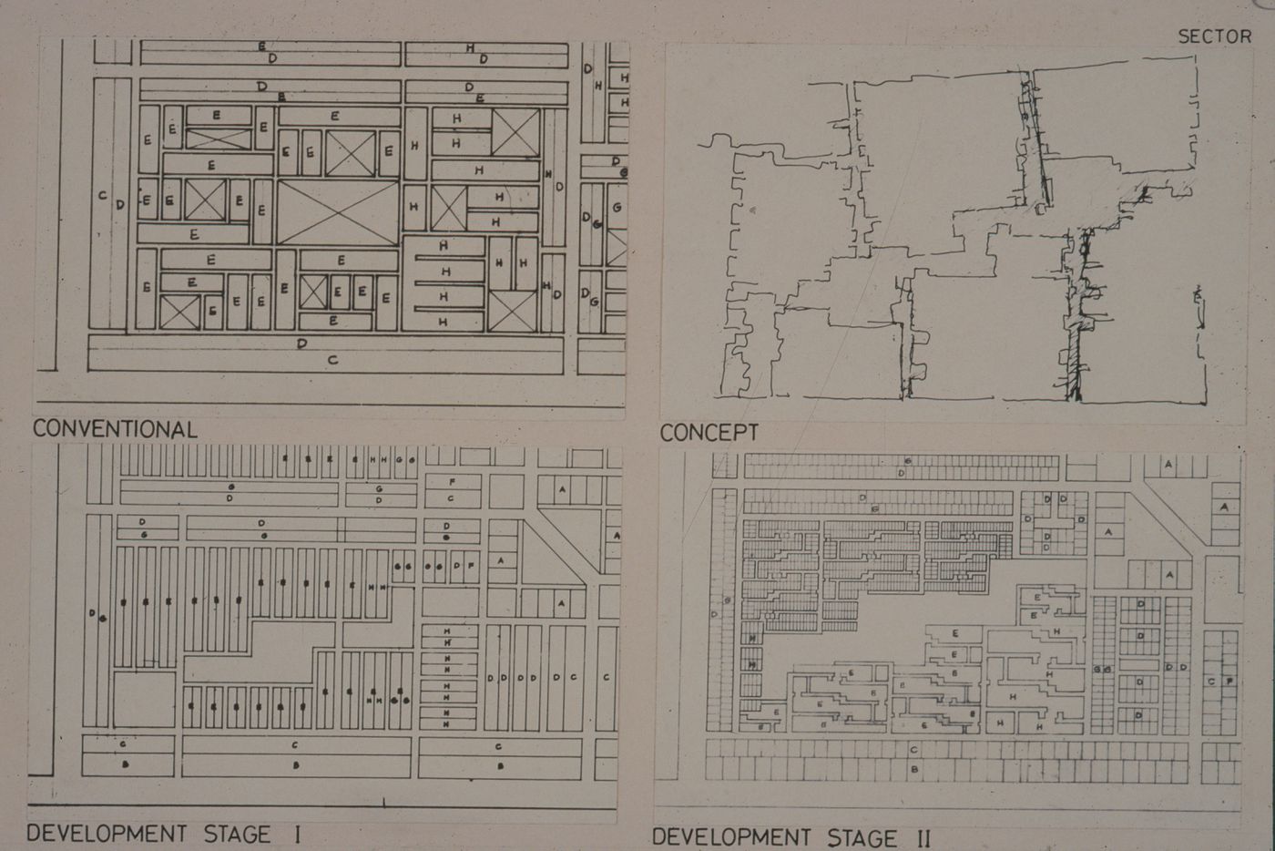 Sector site plans showing conventional model of plot layout and concept phase, first and second phase of development for the Aranya Housing Project, Indore, India
