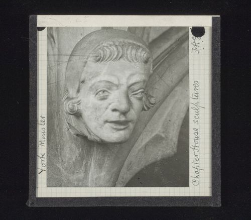 View of sculpture of head in Chapter House of York Minster, York, North Yorkshire, England