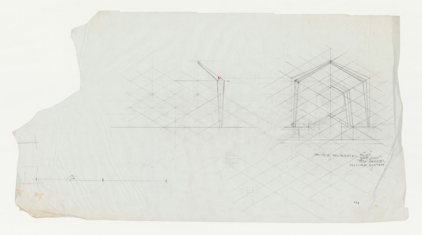 Wayfarers' Chapel, Palos Verdes, California: Partial elevations for the chapel developed on an equilateral parallelogram grid