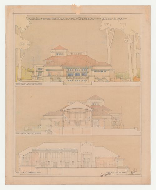 Student presentation drawing showing an elevation, cross section, and longitudinal section for a dance hall in a municipal park, Technische Hogeschool Delft, Netherlands