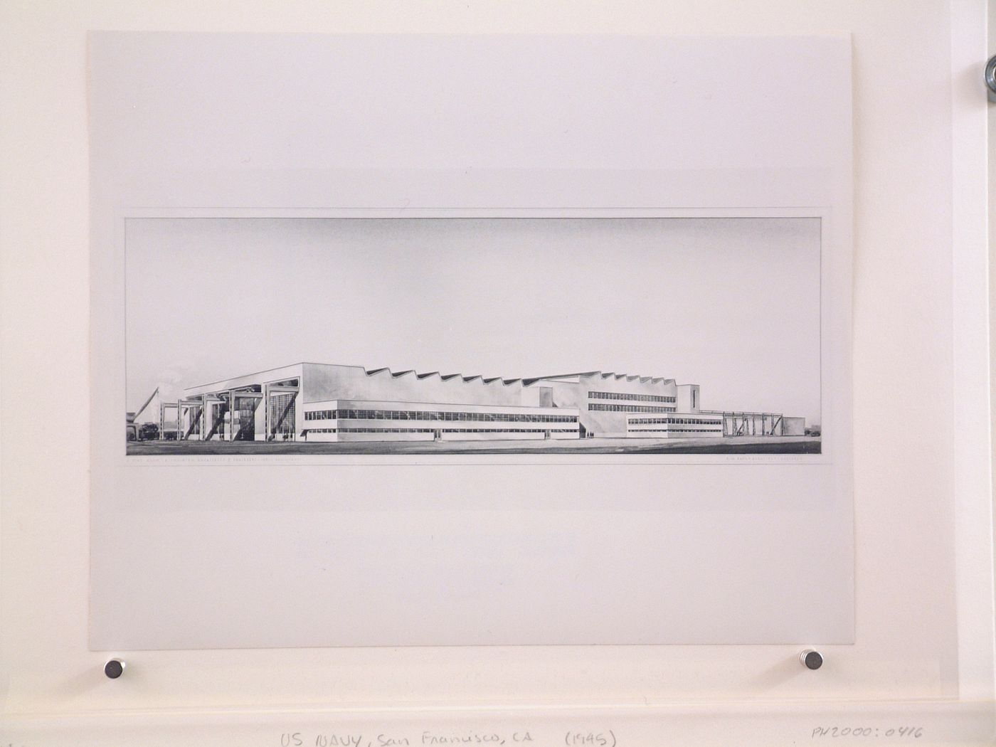 Photograph of a perspective drawing for or of the Shipfitters' Shop, United States Naval Air Base, Hunter's Point, San Francisco, California