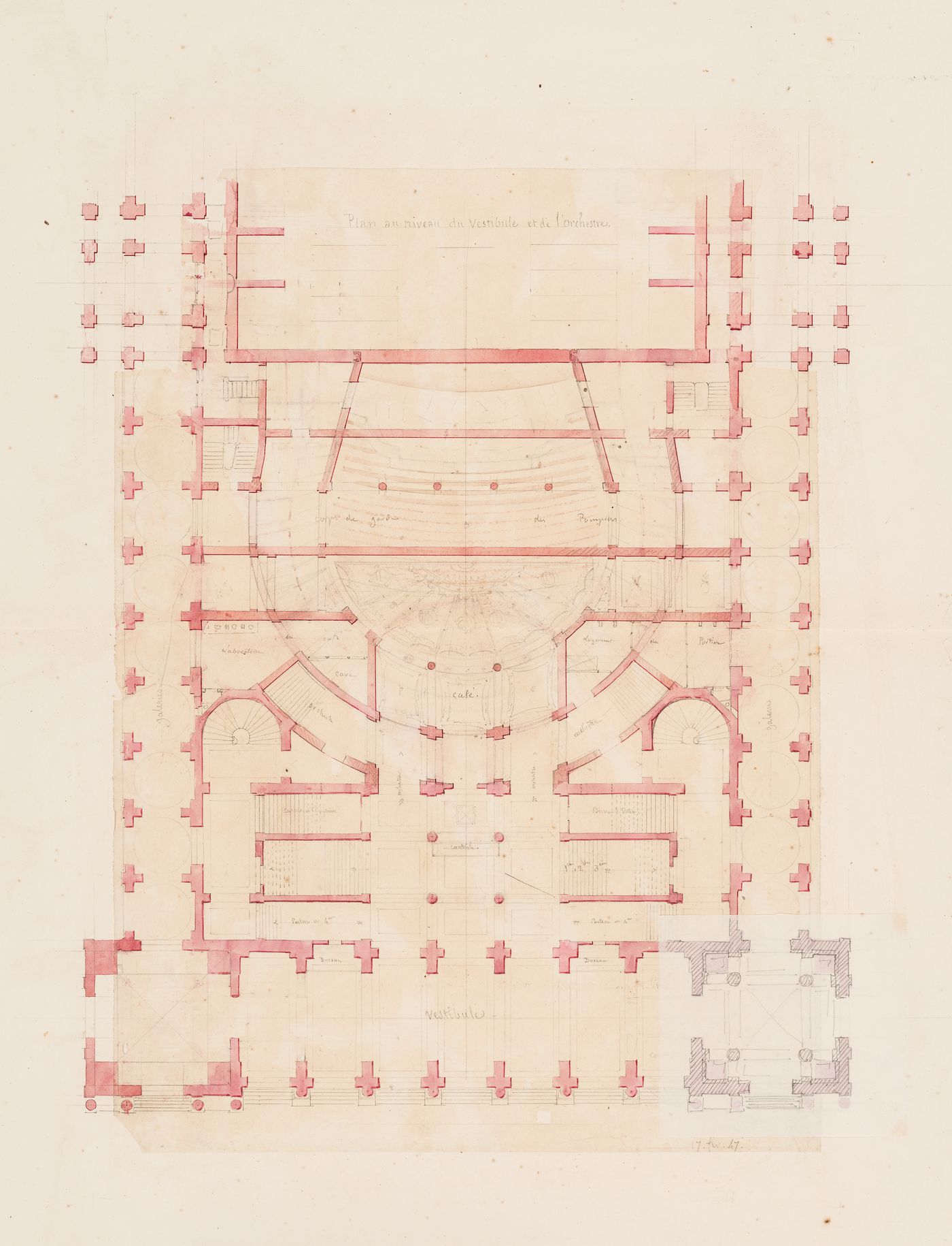 Plan for the "niveau de vestibule et de l'orchestra" for an opera house for the Académie royale de musique