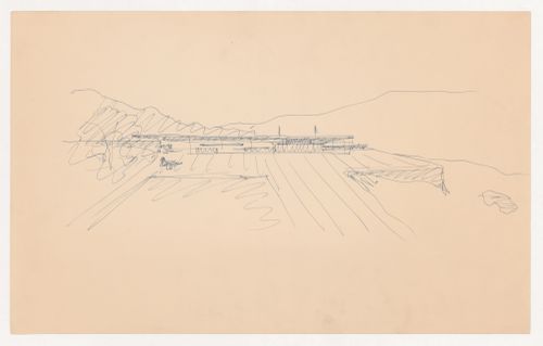 Perspective sketch for the principal elevation for Museum for a Small City with surrounding landscape