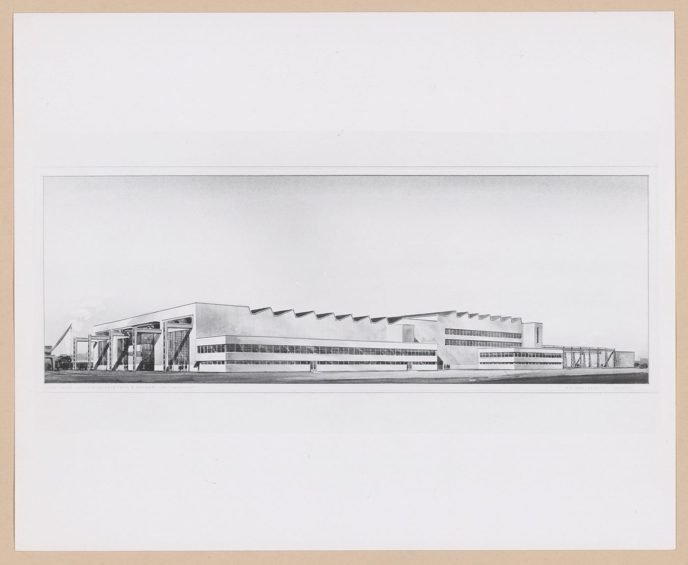 Photograph of a perspective drawing for or of the Shipfitters' Shop, United States Naval Air Base, Hunter's Point, San Francisco, California