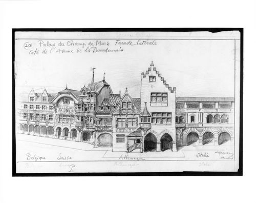 'Palais du Champ de Mars, facade latérale, côté de  l'avenue de la Bourdonnais", proposition pour l'Exposition Universelle de 1900, Paris