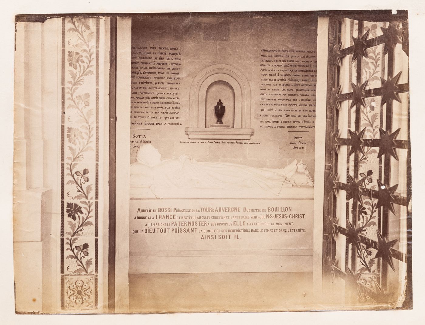 View of a sarcophagi showing an inscribed burial chamber inside a tomb ? and an urn in a niche on the wall, France
