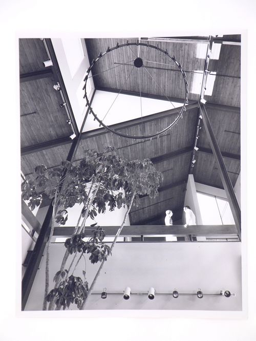 Interior view of the first floor balustrade and ceiling from below, Unicoi Station, Helen, Georgia, United States