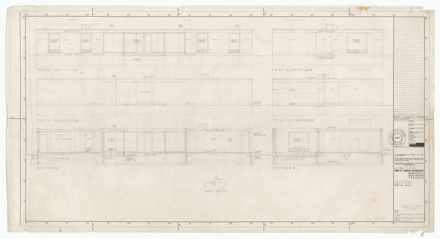 Elevations and sections for Residence of Mr. & Mrs. John C. Parkin, North York, Ontario