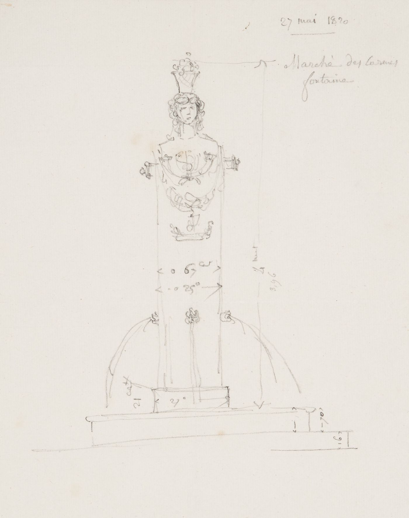 Sketch elevation for fountain, Marché des Carmes, Paris