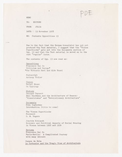 Memorandum from Julia Bloomfield to Oppositions Journal editors about content for issue 13