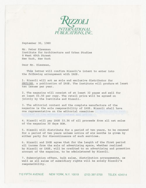 Letter from Gianfranco Monacelli to Peter D. Eisenman about agreement between Rizzoli and IAUS for distribution of Skyline